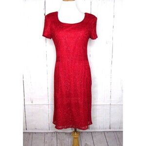 Vtg MHM Melissa Harper Short Sleeve Sequin Lace Sheath Dress Party Red Size S